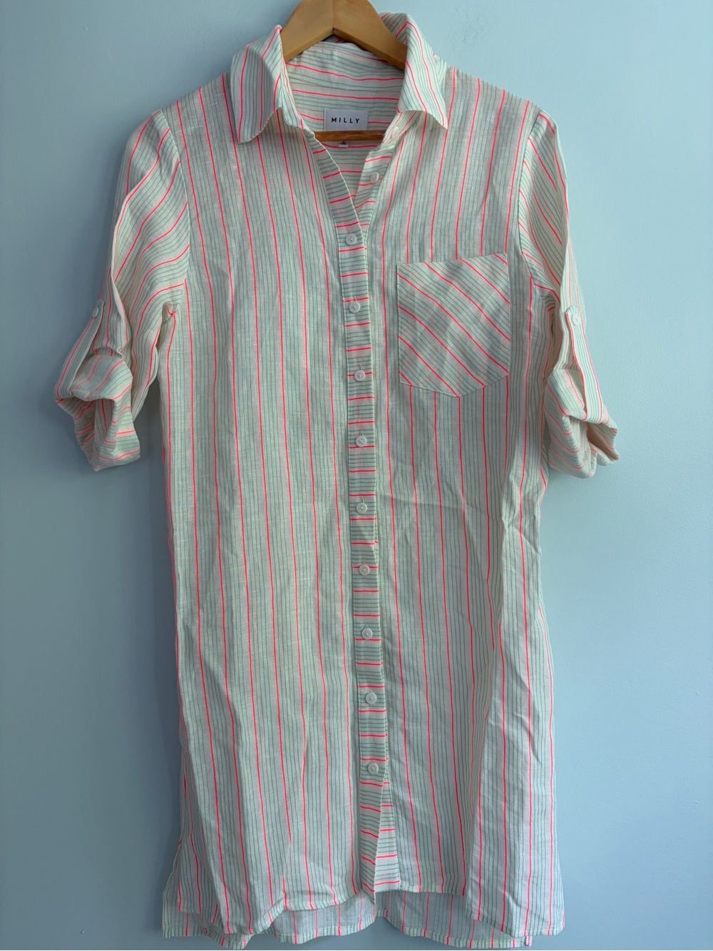 Milly Linen Button Front Shirt Dress Coverup Cream Neon Coral Green XS - Picture 4 of 14
